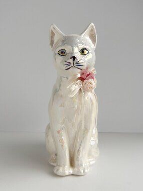 Vintage Iridescent Porcelain Cat Statue Figurine